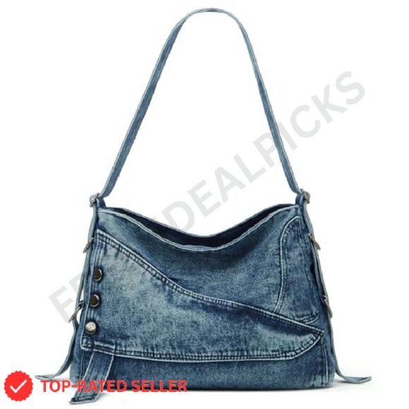 Retro Denim Hobo Tote Crossbody Bag Minimalist Chic Roomy Large Capacity - Picture 2 of 8